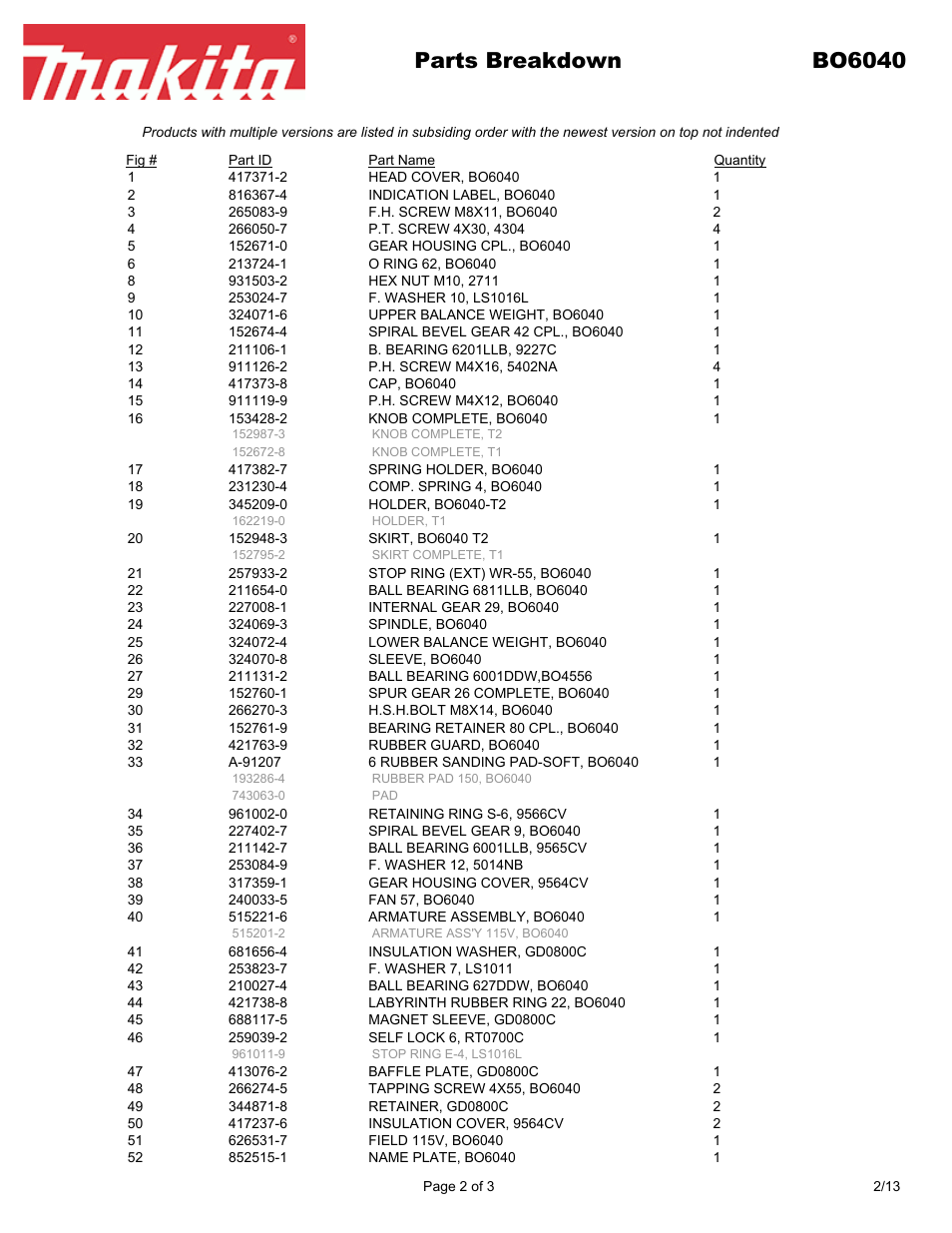 Parts breakdown bo6040 | Makita BO604 User Manual | Page 2 / 3
