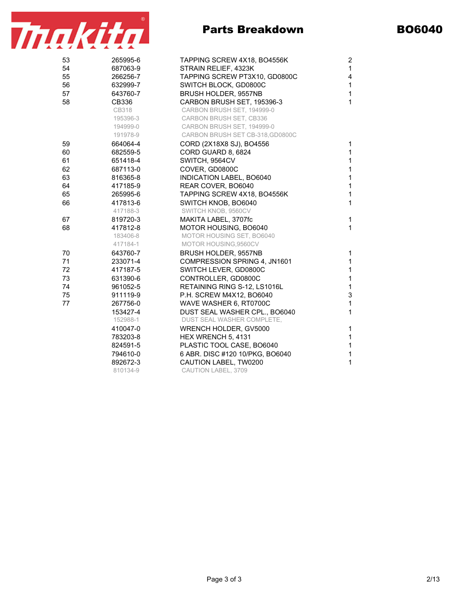 Parts breakdown bo6040 | Makita BO604 User Manual | Page 3 / 3