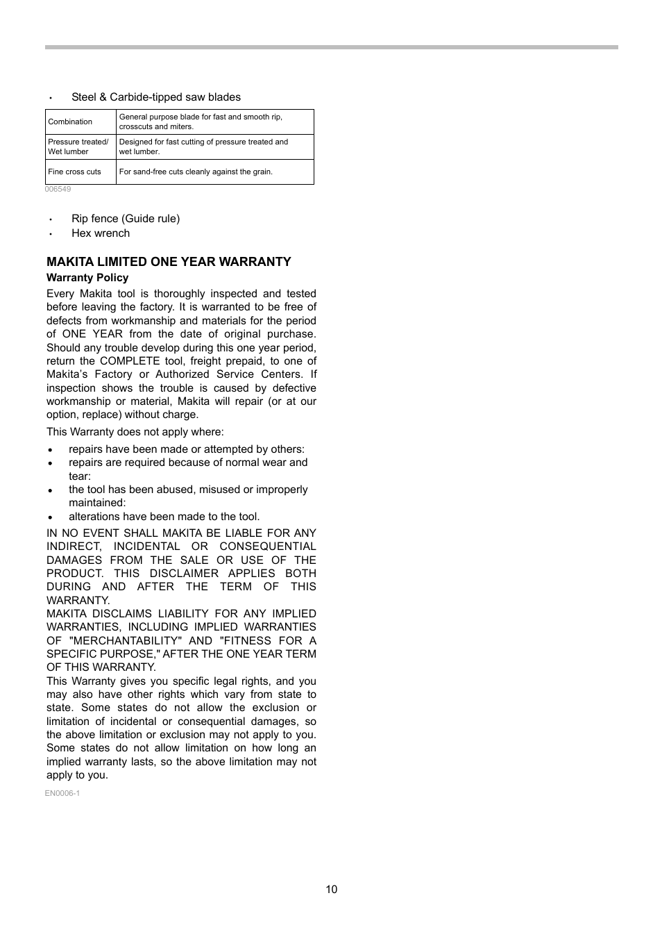 Makita limited one year warranty | Makita 5007NFA User Manual | Page 10 / 32