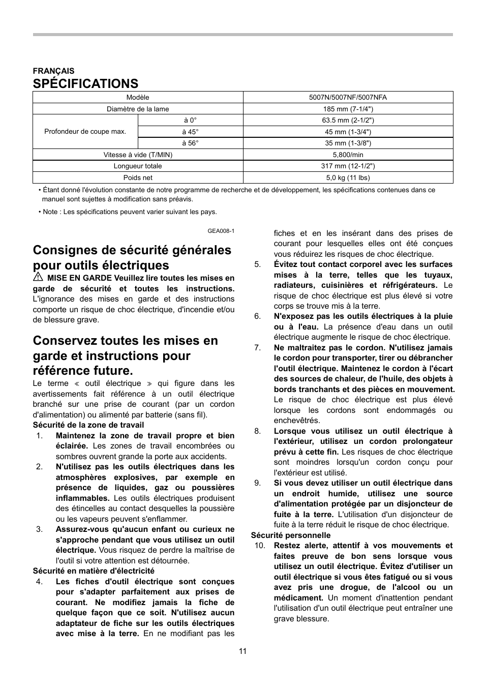 Spécifications | Makita 5007NFA User Manual | Page 11 / 32
