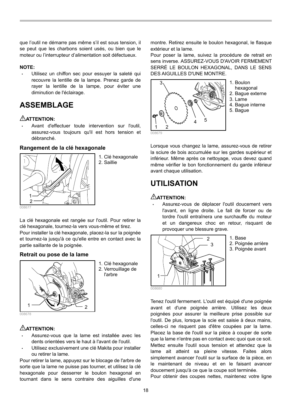 Assemblage, Utilisation | Makita 5007NFA User Manual | Page 18 / 32