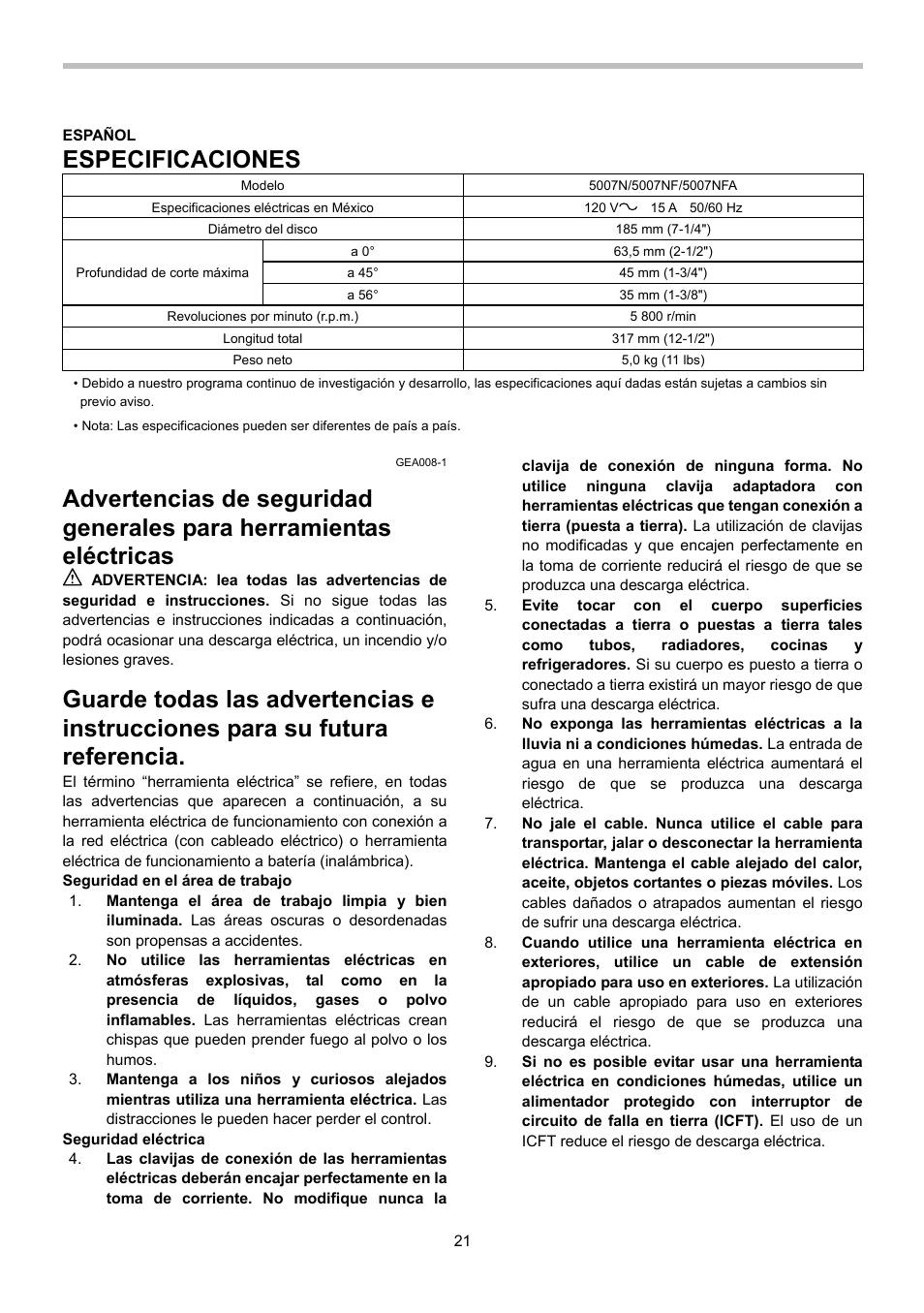 Especificaciones | Makita 5007NFA User Manual | Page 21 / 32