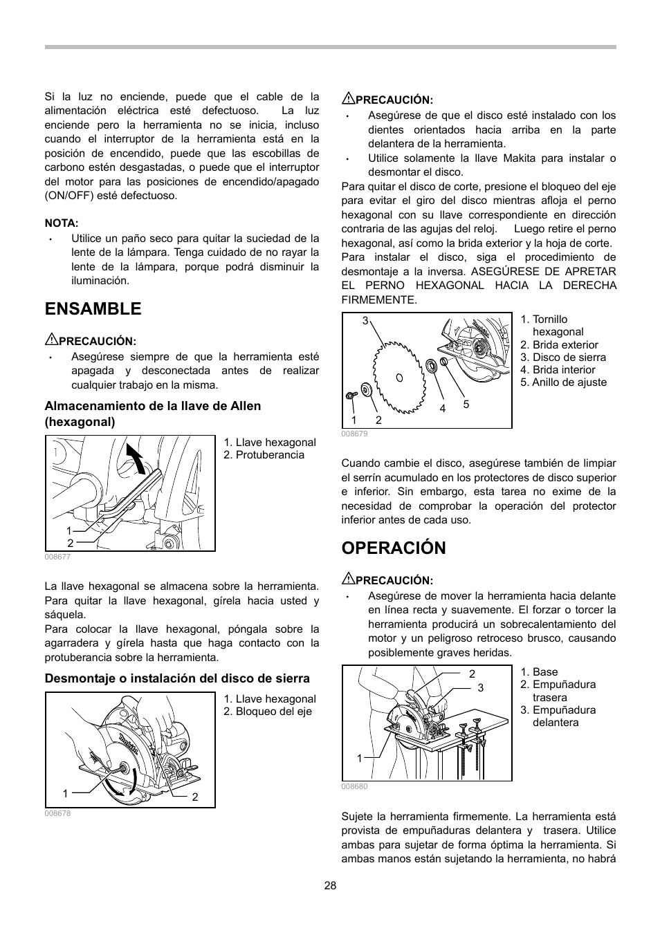 Ensamble, Operación | Makita 5007NFA User Manual | Page 28 / 32