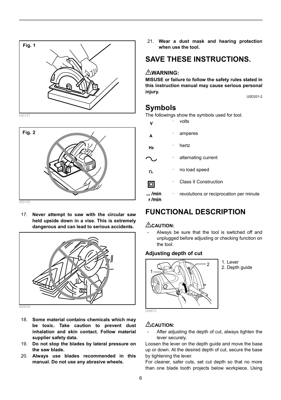 Save these instructions, Symbols, Functional description | Makita 5007NFA User Manual | Page 6 / 32