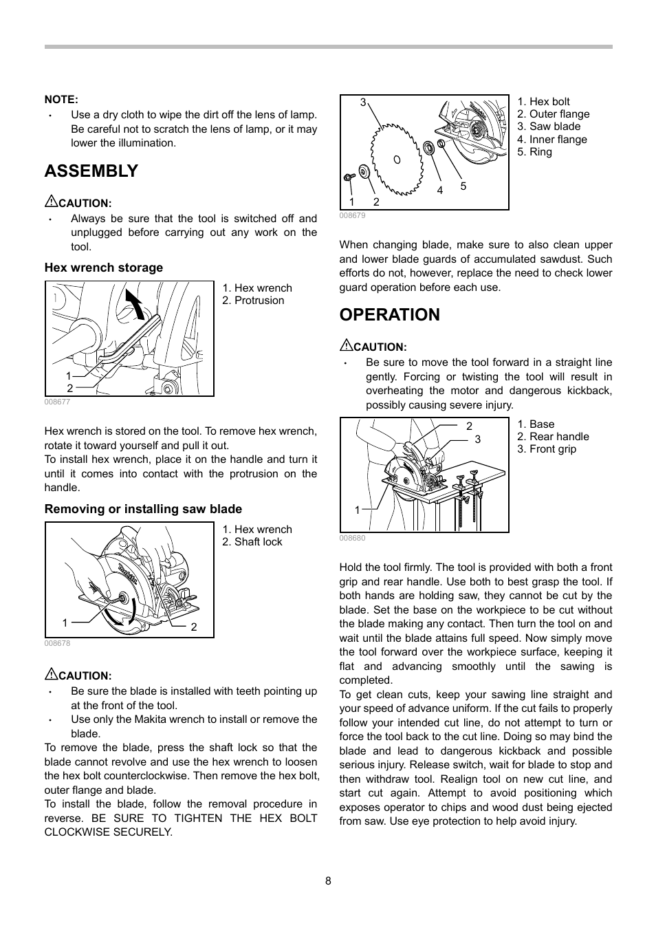 Assembly, Operation | Makita 5007NFA User Manual | Page 8 / 32