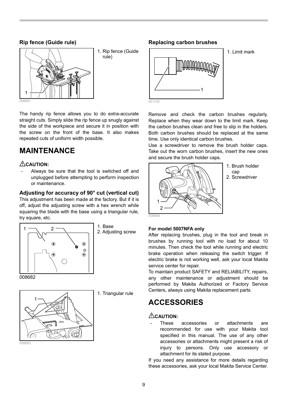 Maintenance, Accessories | Makita 5007NFA User Manual | Page 9 / 32