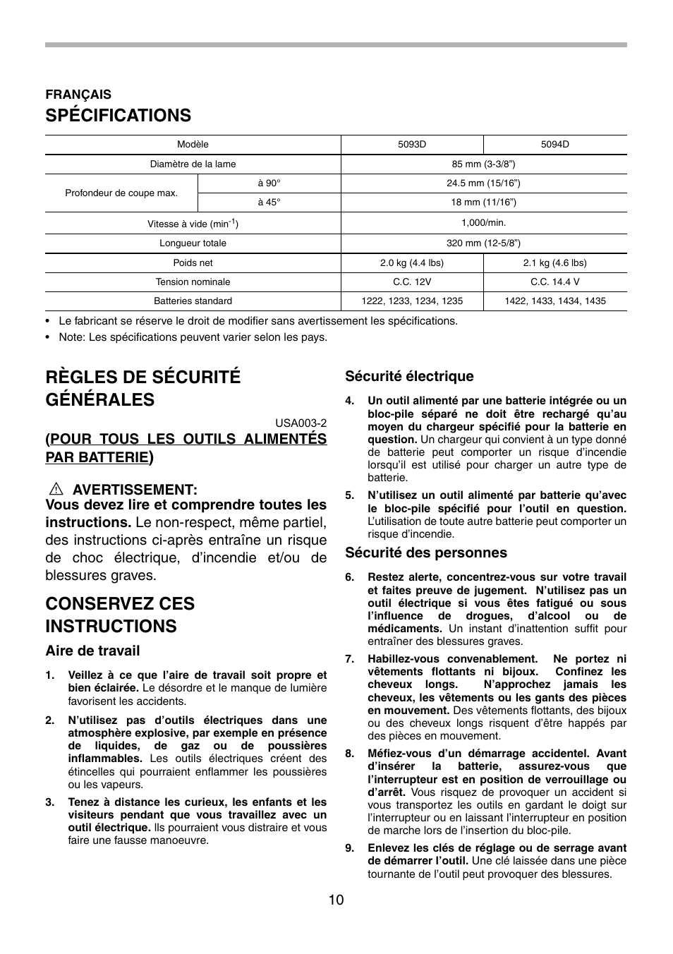 Spécifications, Règles de sécurité générales, Conservez ces instructions | Pour tous les outils alimentés par batterie, Aire de travail, Sécurité électrique, Sécurité des personnes | Makita 5094D User Manual | Page 10 / 28