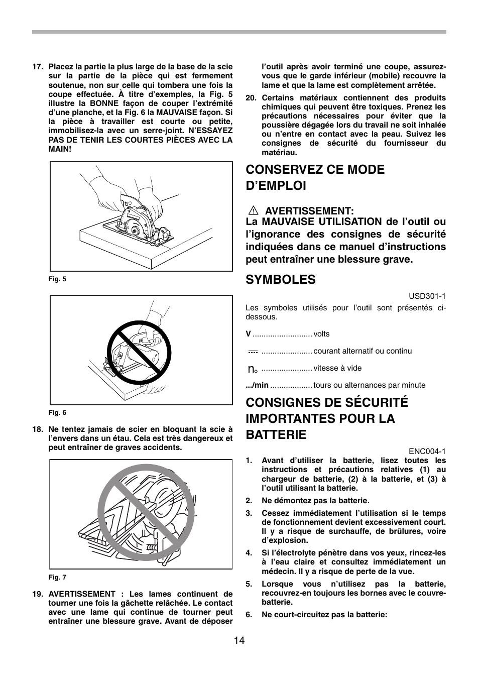 Conservez ce mode d’emploi, Symboles, Consignes de sécurité importantes pour la batterie | Makita 5094D User Manual | Page 14 / 28