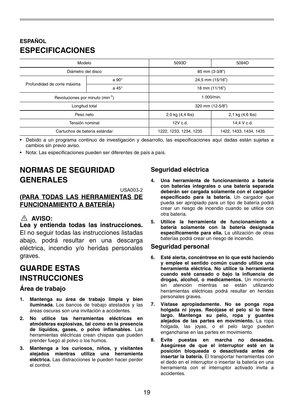 Especificaciones, Normas de seguridad generales, Guarde estas instrucciones | Área de trabajo, Seguridad eléctrica, Seguridad personal | Makita 5094D User Manual | Page 19 / 28