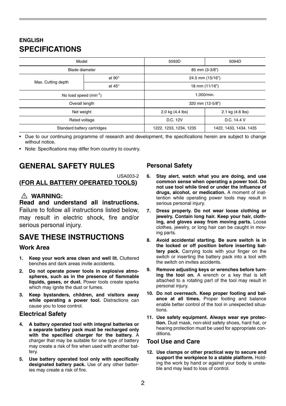 Specifications, General safety rules, Save these instructions | Work area, Electrical safety, Personal safety, Tool use and care | Makita 5094D User Manual | Page 2 / 28