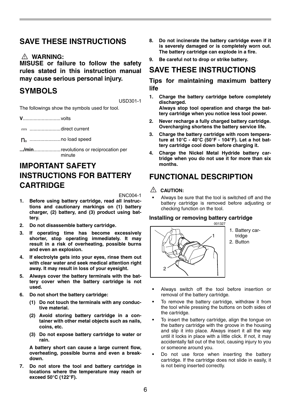 Save these instructions, Symbols, Functional description | Tips for maintaining maximum battery life | Makita 5094D User Manual | Page 6 / 28