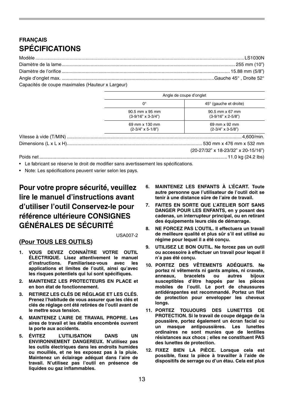 Spécifications, Pour tous les outils) | Makita LS1030N User Manual | Page 13 / 40