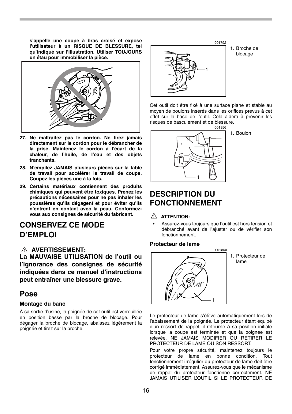 Conservez ce mode d’emploi, Pose, Description du fonctionnement | Makita LS1030N User Manual | Page 16 / 40
