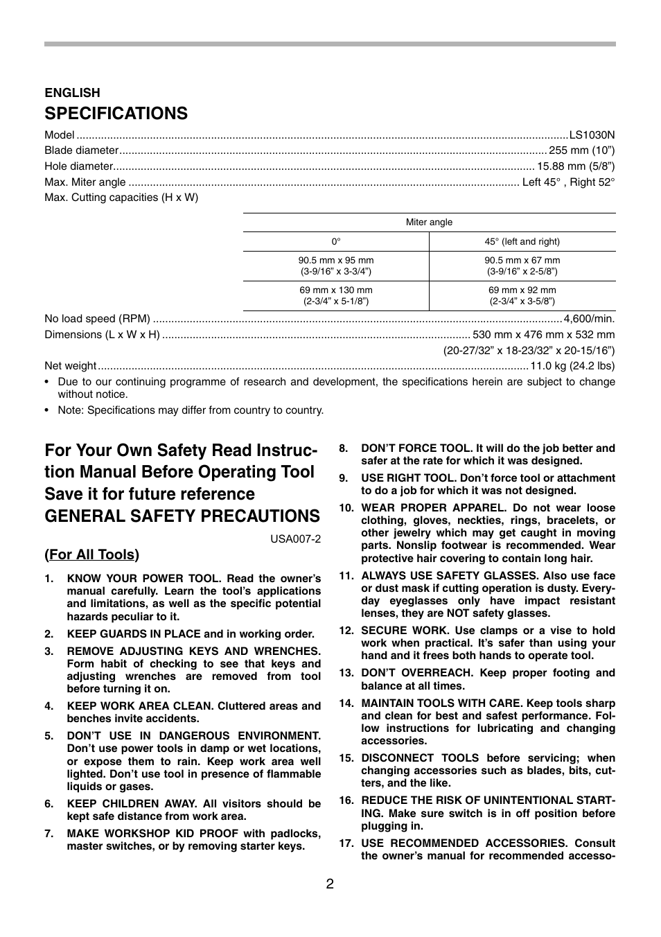 Specifications, For all tools) | Makita LS1030N User Manual | Page 2 / 40