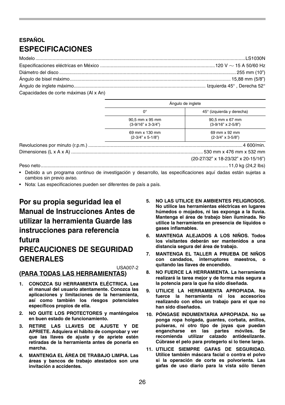 Especificaciones, Para todas las herramientas) | Makita LS1030N User Manual | Page 26 / 40