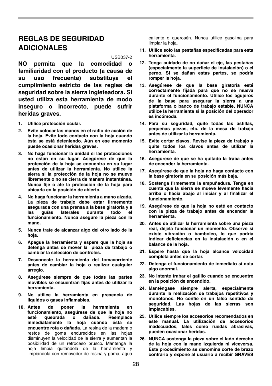 Reglas de seguridad adicionales | Makita LS1030N User Manual | Page 28 / 40