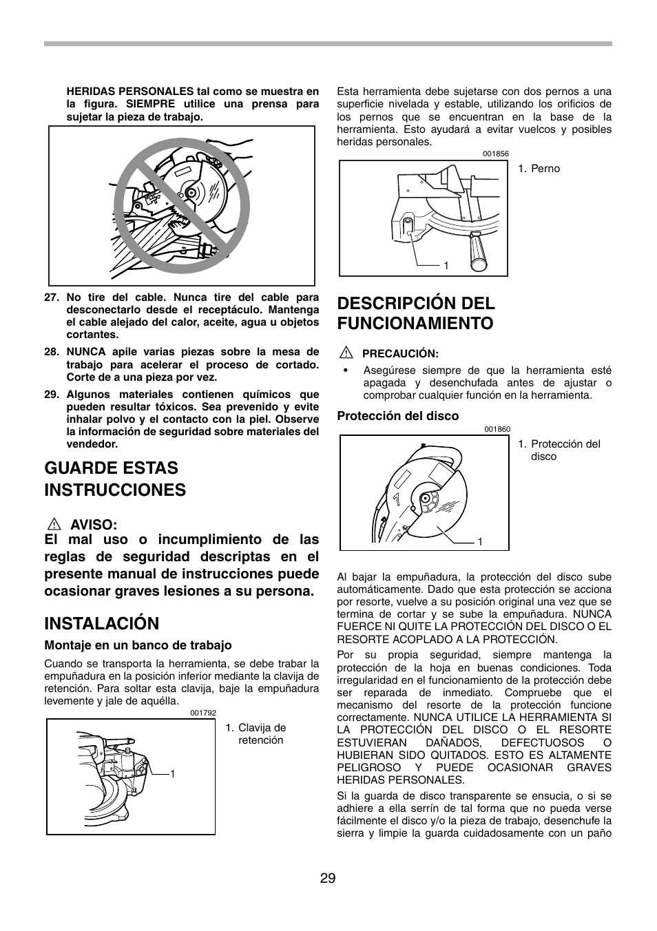 Guarde estas instrucciones, Instalación, Descripción del funcionamiento | Makita LS1030N User Manual | Page 29 / 40