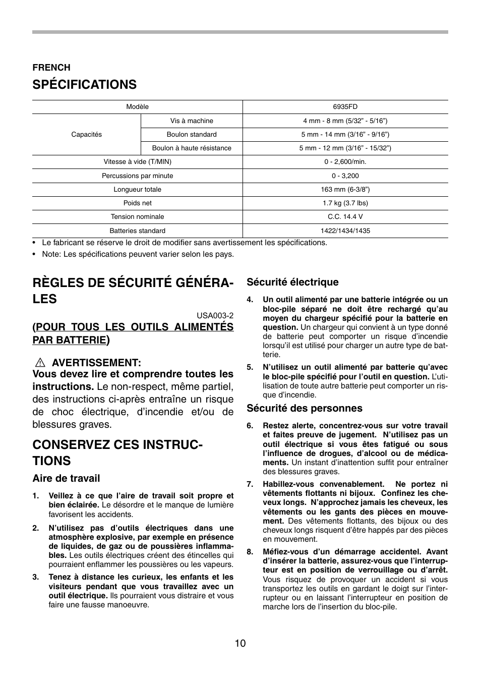 Spécifications, Règles de sécurité généra- les, Conservez ces instruc- tions | Pour tous les outils alimentés par batterie, Aire de travail, Sécurité électrique, Sécurité des personnes | Makita 6935FD User Manual | Page 10 / 28