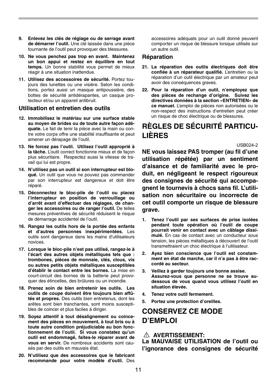 Règles de sécurité particu- lières, Conservez ce mode d’emploi, Utilisation et entretien des outils | Réparation | Makita 6935FD User Manual | Page 11 / 28