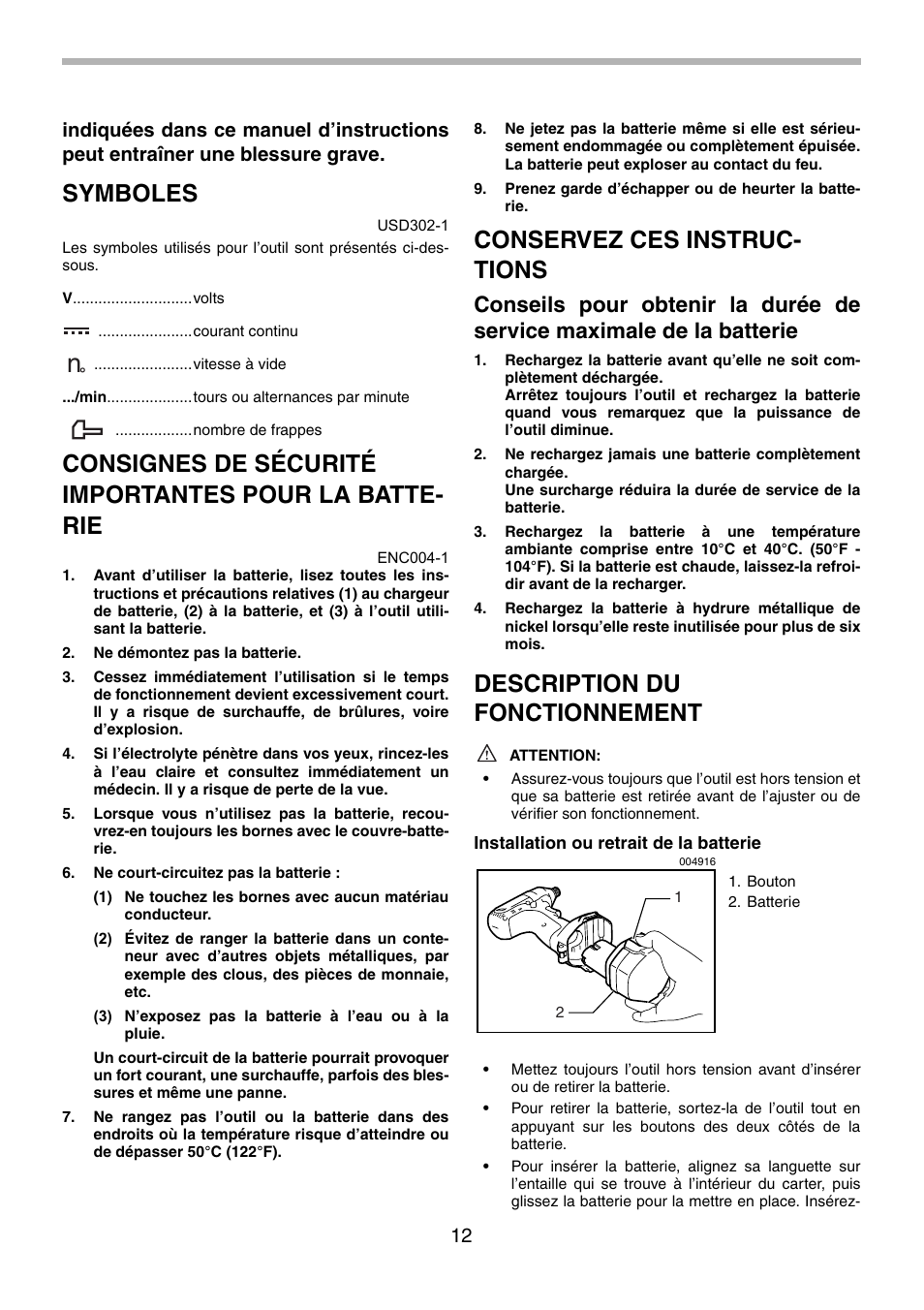 Symboles, Conservez ces instruc- tions, Description du fonctionnement | Makita 6935FD User Manual | Page 12 / 28