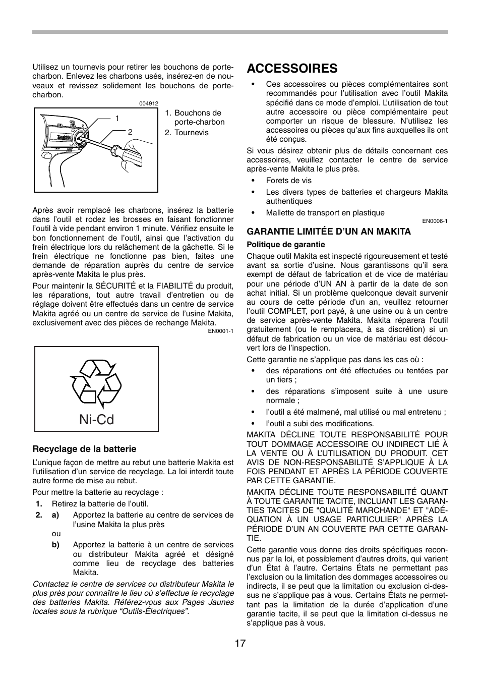 Ni-cd, Accessoires | Makita 6935FD User Manual | Page 17 / 28