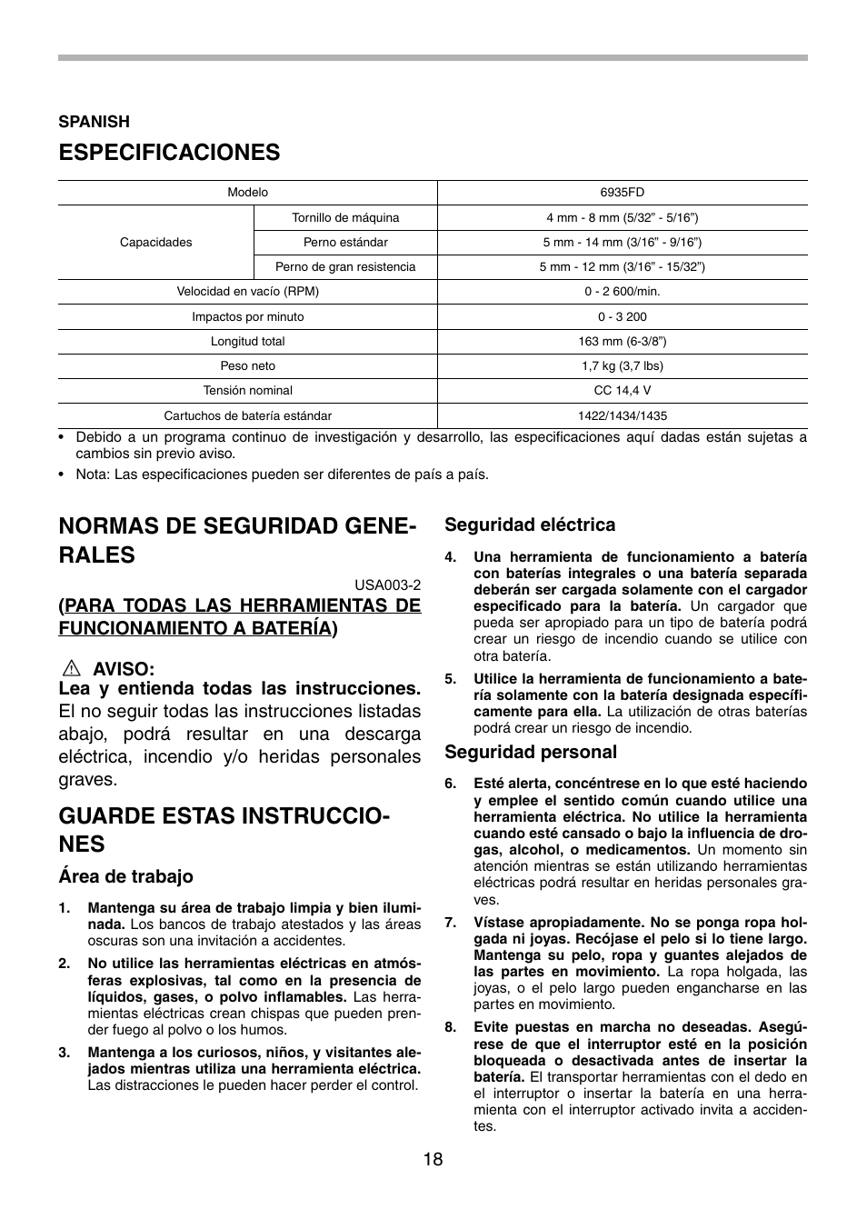 Especificaciones, Normas de seguridad gene- rales, Guarde estas instruccio- nes | Área de trabajo, Seguridad eléctrica, Seguridad personal | Makita 6935FD User Manual | Page 18 / 28