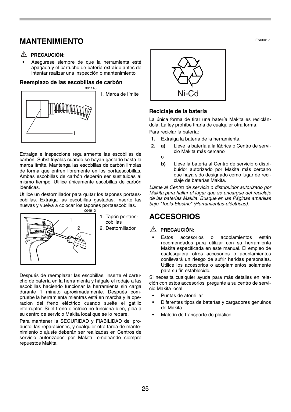 Ni-cd, Mantenimiento, Accesorios | Makita 6935FD User Manual | Page 25 / 28