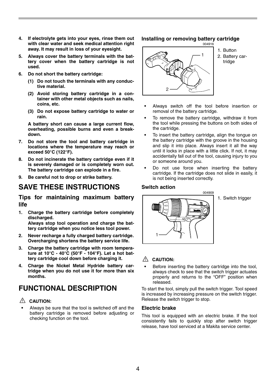 Save these instructions, Functional description, Tips for maintaining maximum battery life | Makita 6935FD User Manual | Page 4 / 28
