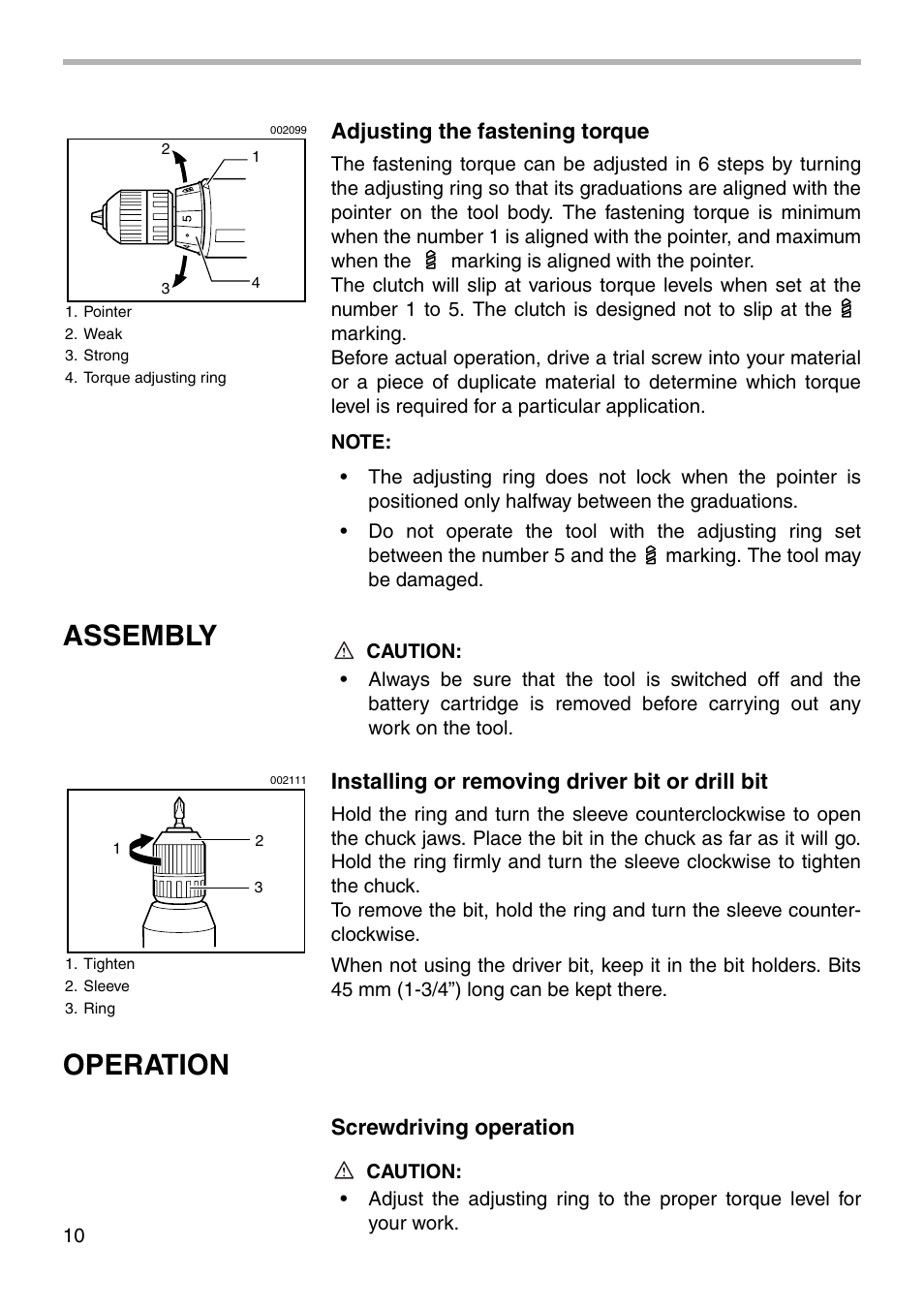 Assembly, Operation, Adjusting the fastening torque | Installing or removing driver bit or drill bit, Screwdriving operation | Makita MODEL 6019D User Manual | Page 10 / 20