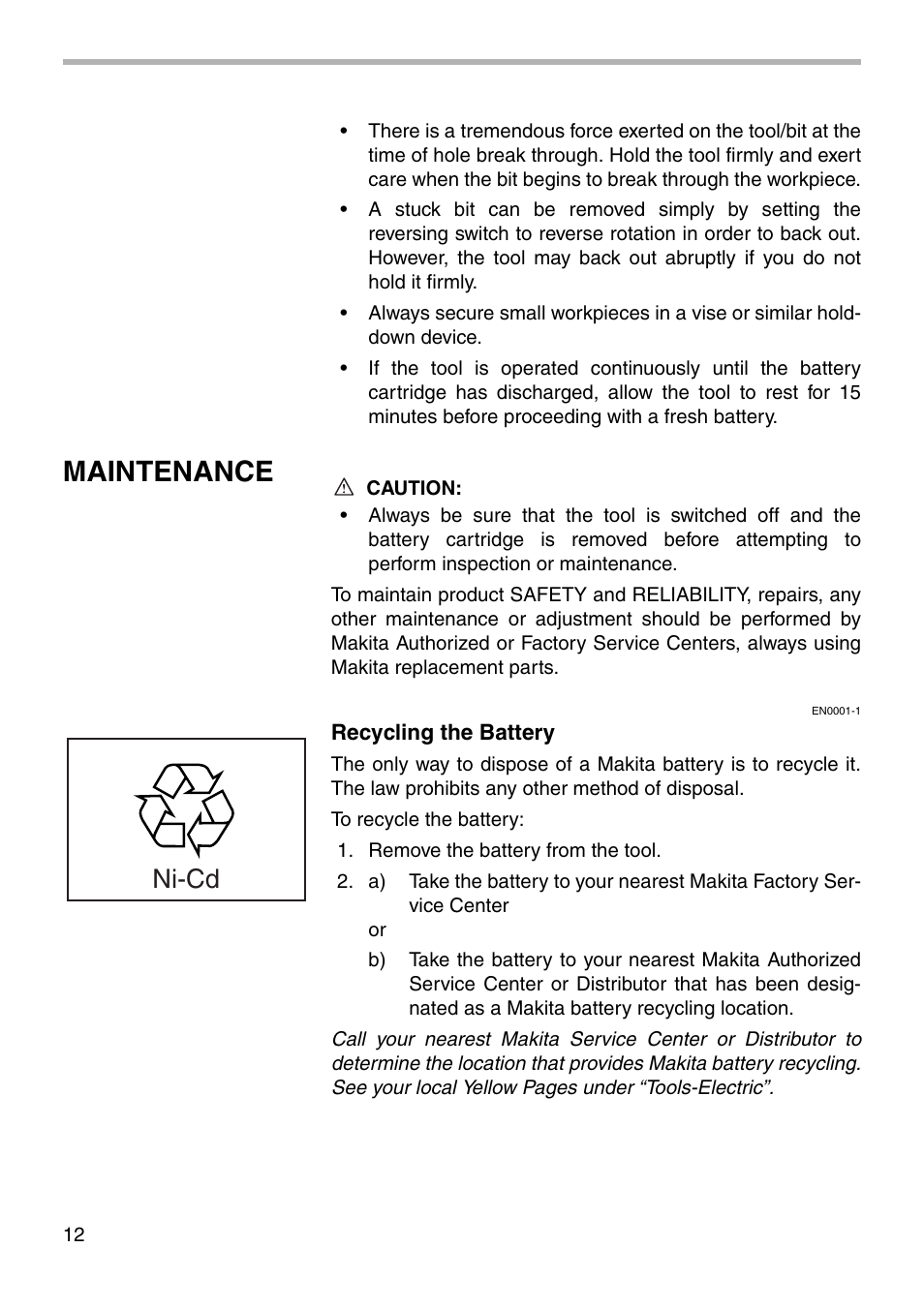 Maintenance, Ni-cd | Makita MODEL 6019D User Manual | Page 12 / 20
