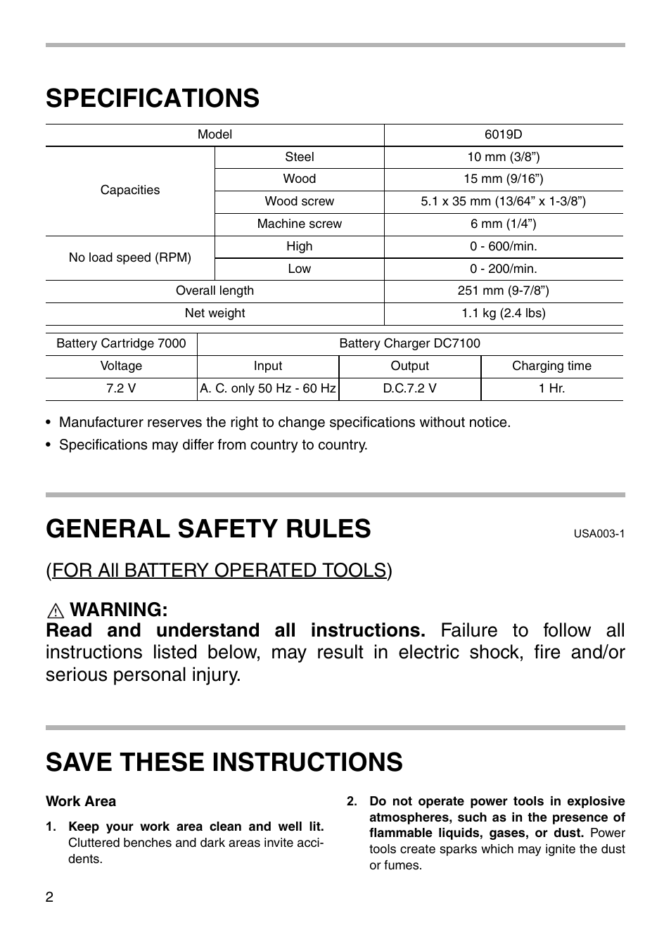 Specifications, General safety rules, Save these instructions | Makita MODEL 6019D User Manual | Page 2 / 20