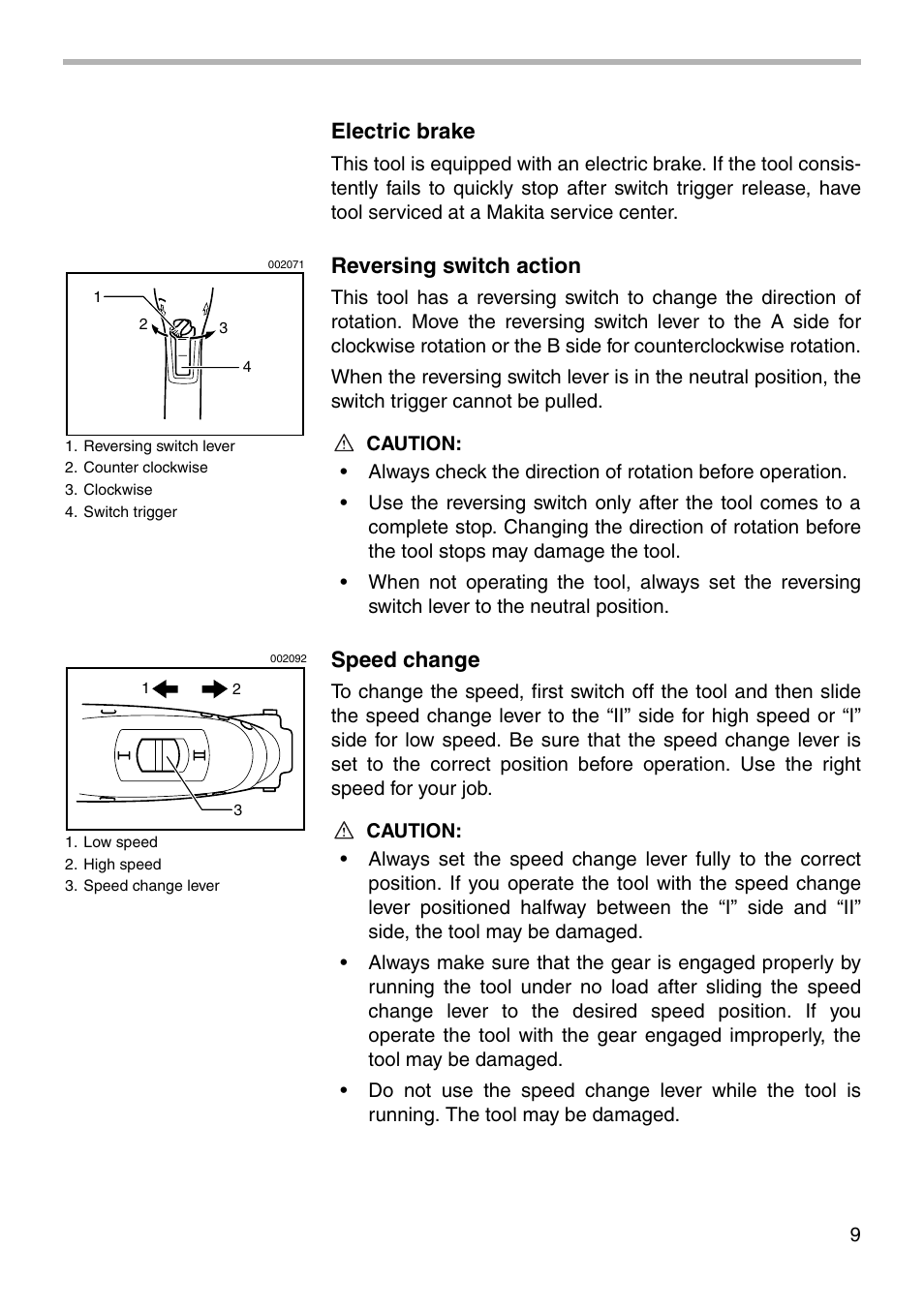 Electric brake, Reversing switch action, Speed change | Makita MODEL 6019D User Manual | Page 9 / 20