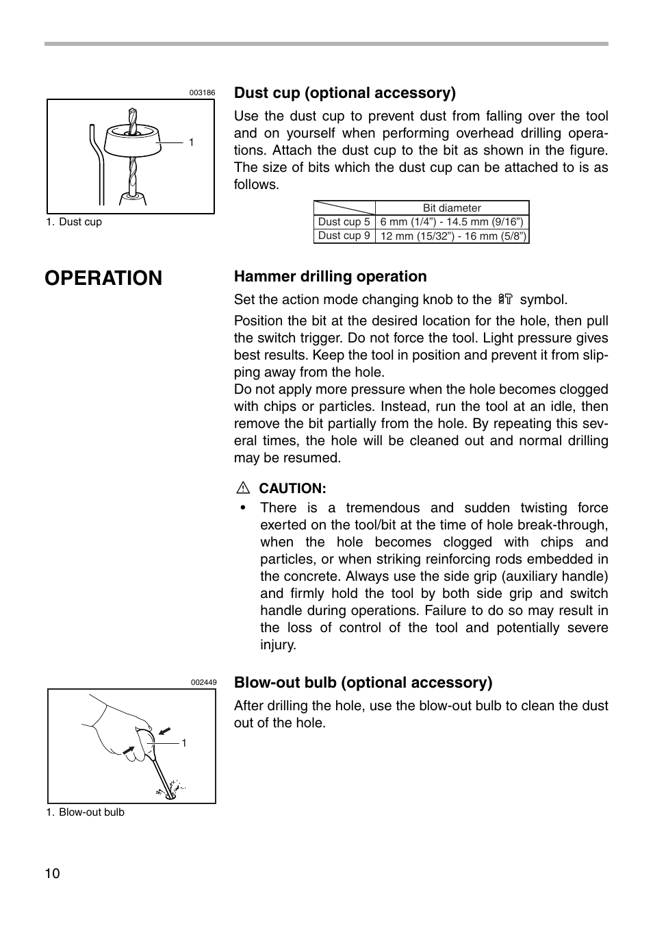 Operation, Dust cup (optional accessory), Hammer drilling operation | Blow-out bulb (optional accessory) | Makita HR2400 User Manual | Page 10 / 16