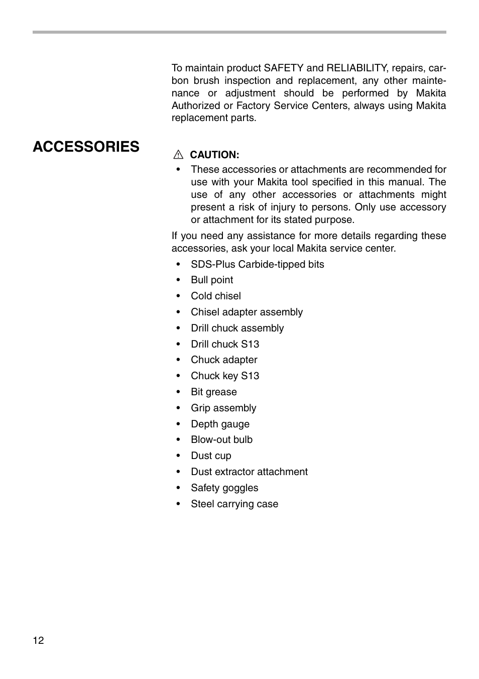 Accessories | Makita HR2400 User Manual | Page 12 / 16