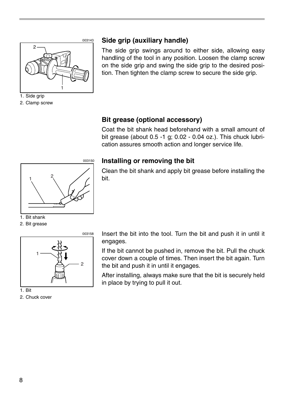 Side grip (auxiliary handle), Bit grease (optional accessory), Installing or removing the bit | Makita HR2400 User Manual | Page 8 / 16