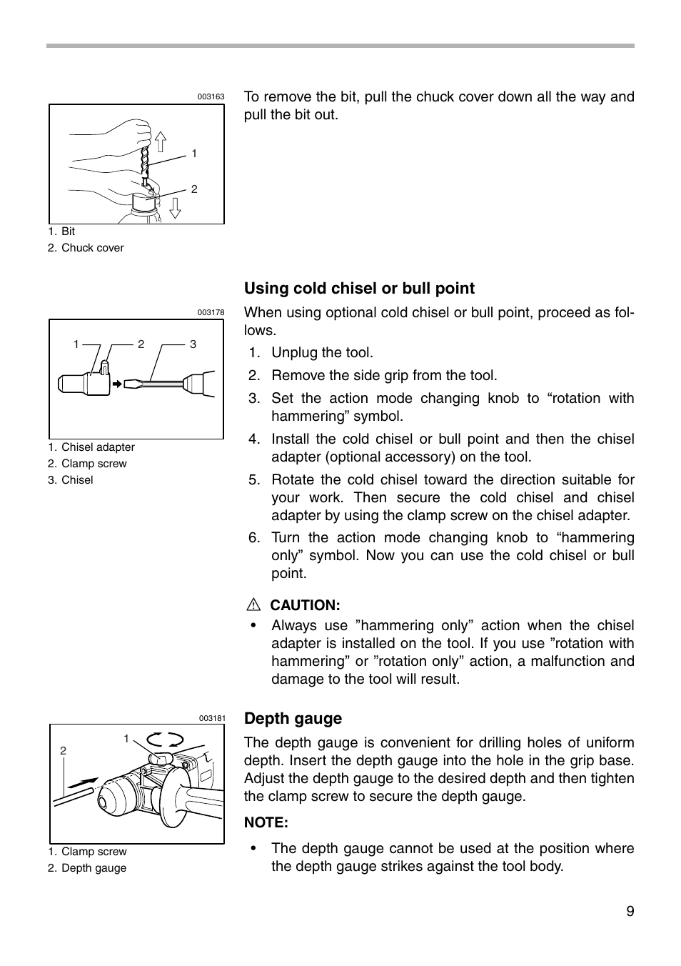 Using cold chisel or bull point, Depth gauge | Makita HR2400 User Manual | Page 9 / 16