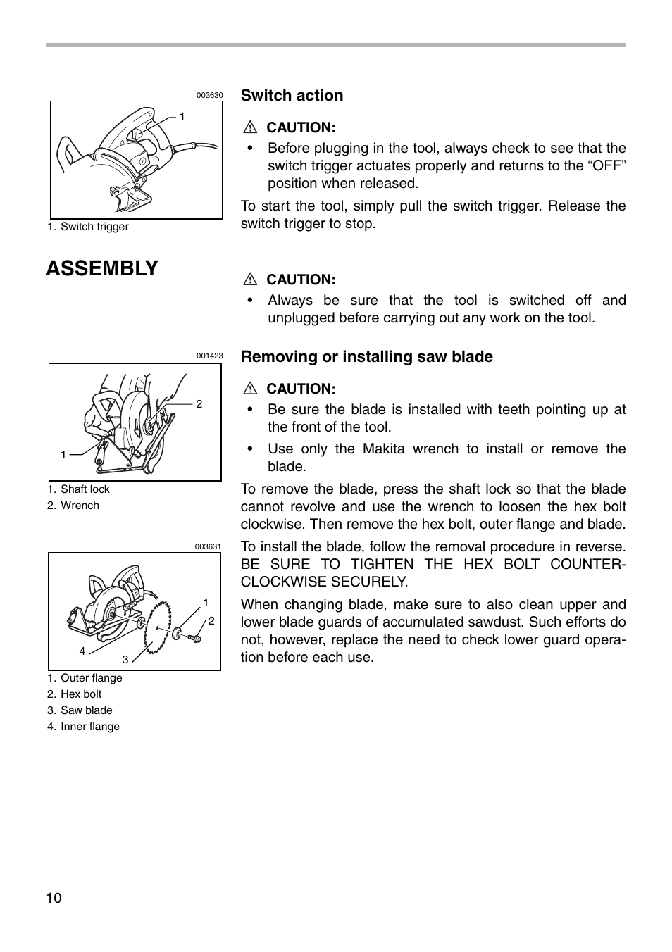 Assembly, Switch action, Removing or installing saw blade | Makita 5277NB User Manual | Page 10 / 20