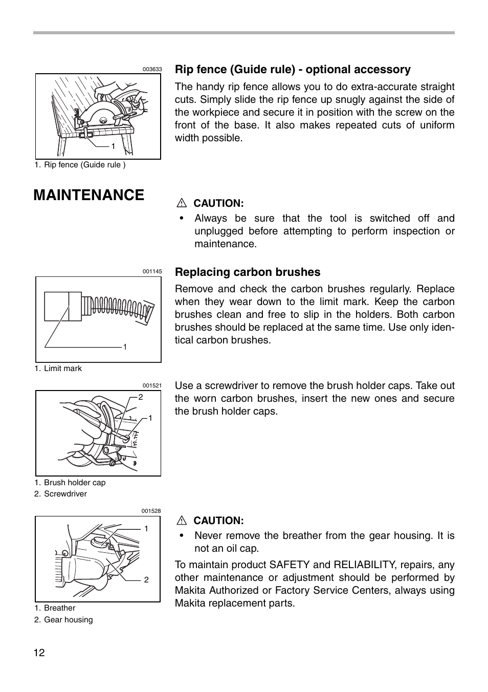 Maintenance, Rip fence (guide rule) - optional accessory, Replacing carbon brushes | Makita 5277NB User Manual | Page 12 / 20