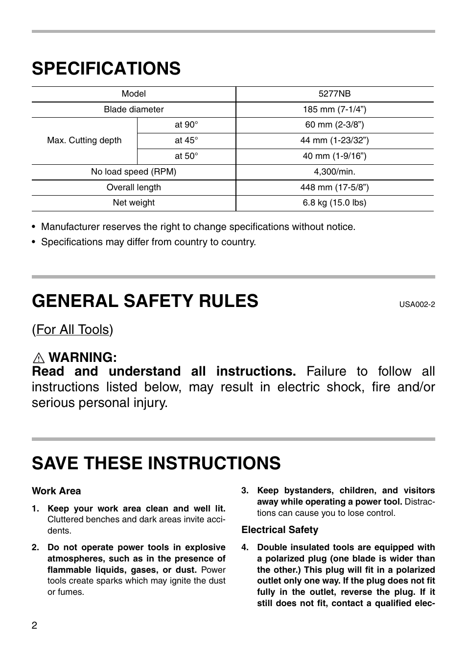 Specifications, General safety rules, Save these instructions | Makita 5277NB User Manual | Page 2 / 20