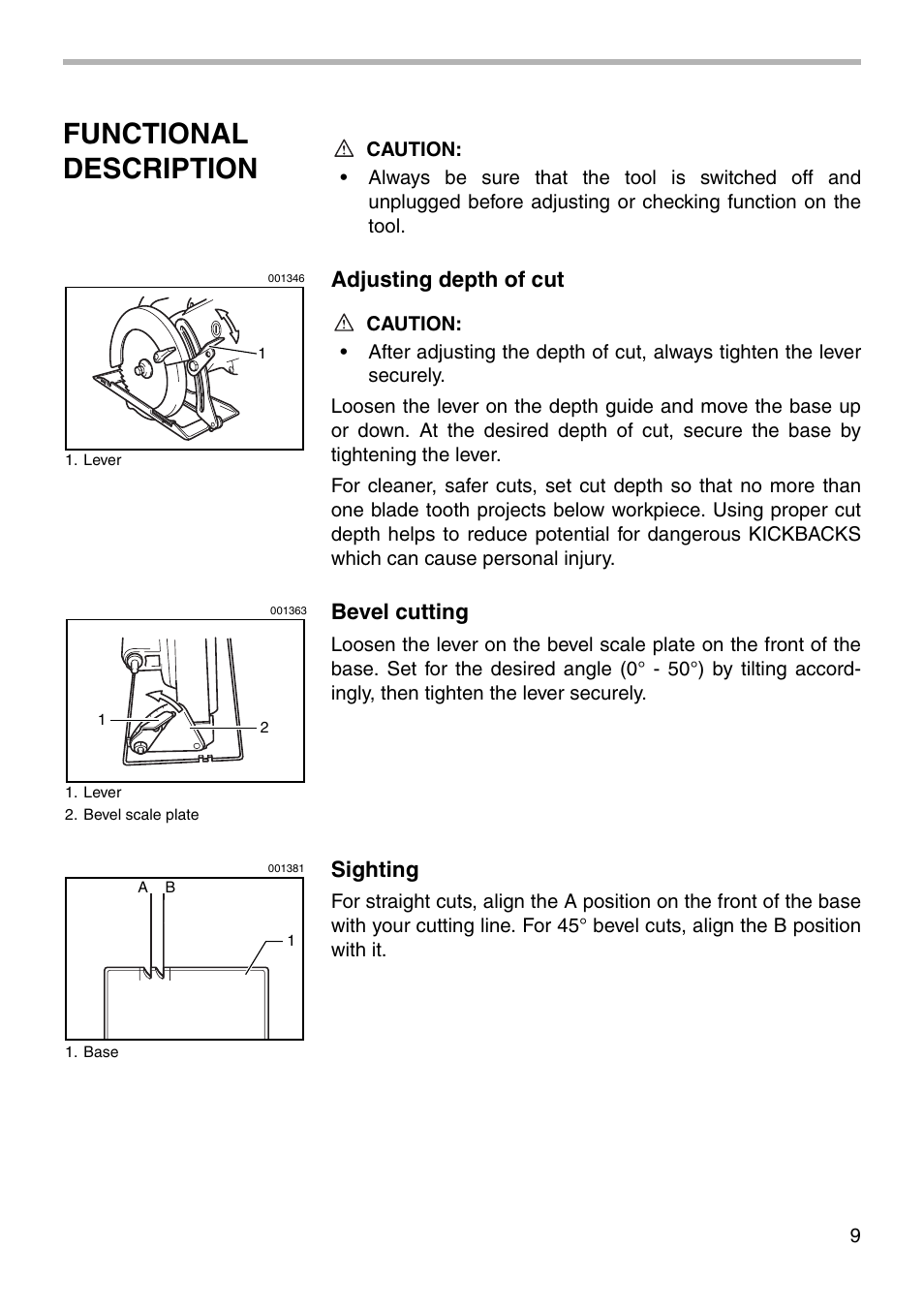 Functional description, Adjusting depth of cut, Bevel cutting | Sighting | Makita 5277NB User Manual | Page 9 / 20