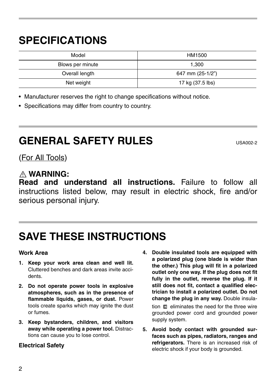 Specifications, General safety rules, Save these instructions | Makita HM1500 User Manual | Page 2 / 16