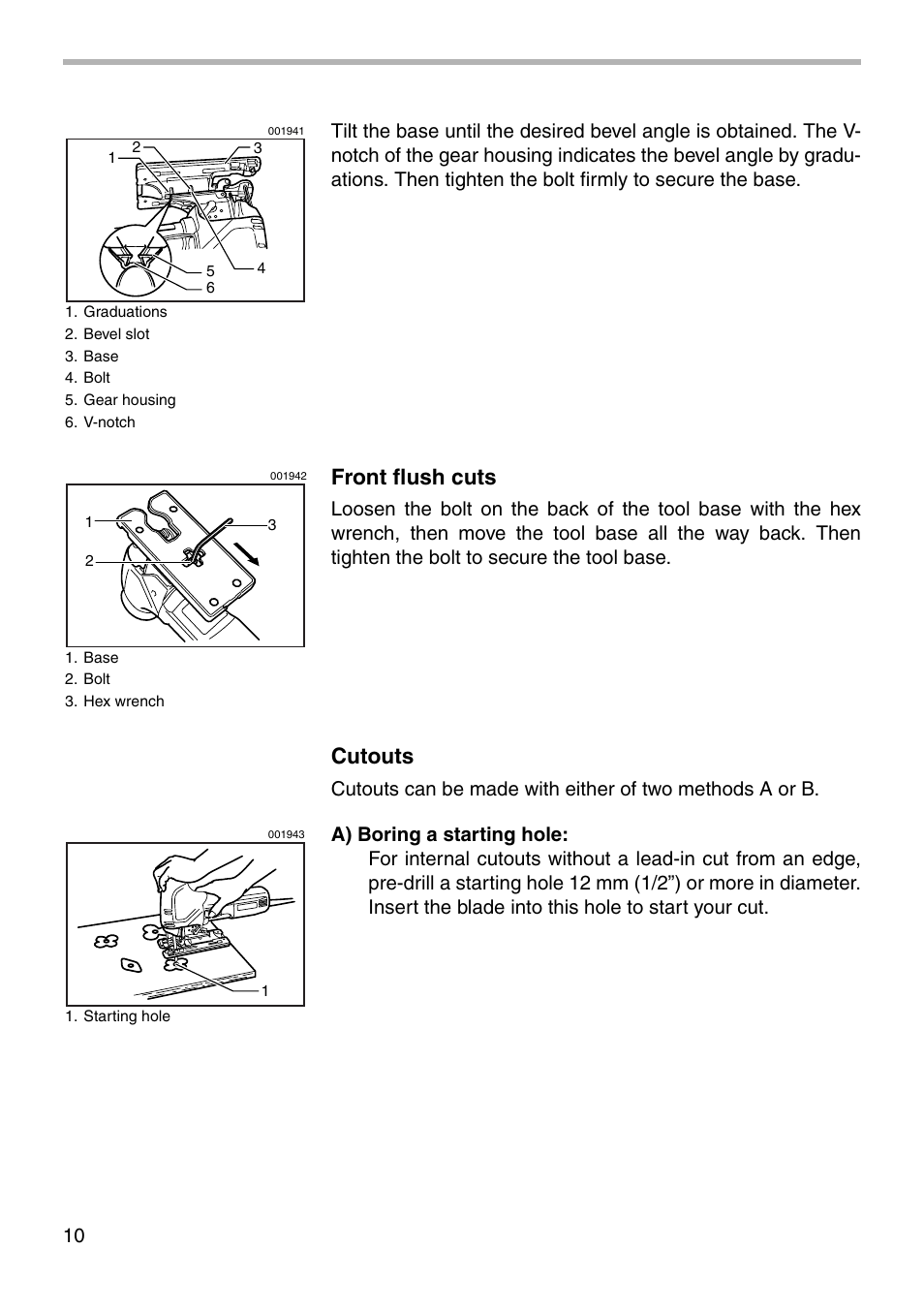 Front flush cuts, Cutouts | Makita 4341FCT User Manual | Page 10 / 20