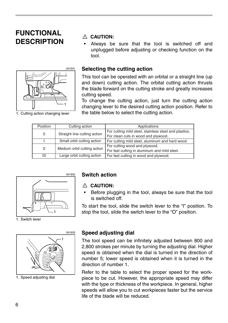 Functional description, Selecting the cutting action, Switch action | Speed adjusting dial | Makita 4341FCT User Manual | Page 6 / 20