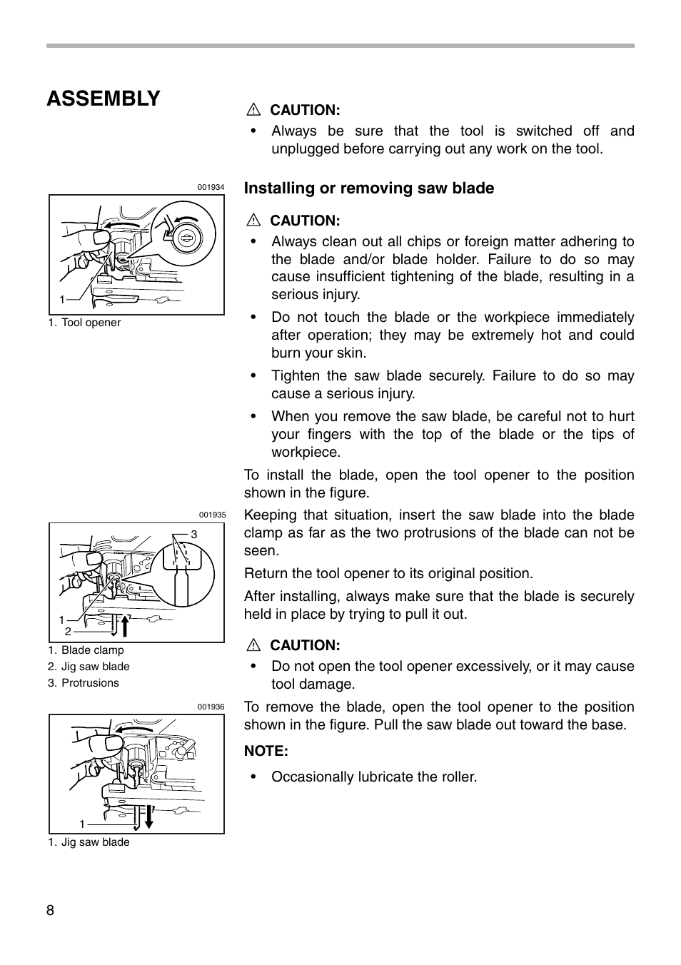 Assembly, Installing or removing saw blade | Makita 4341FCT User Manual | Page 8 / 20