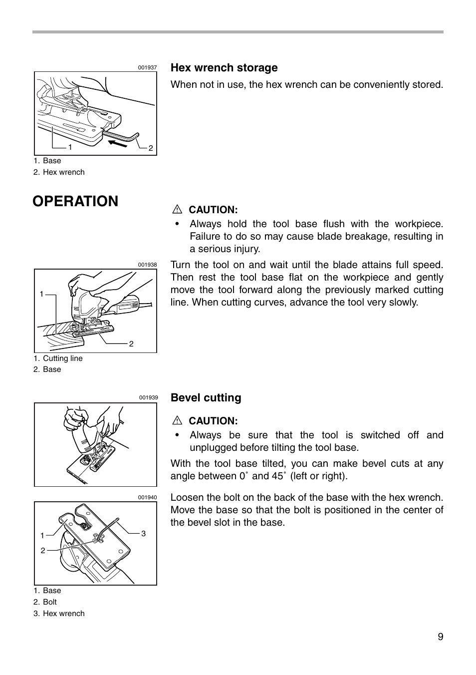 Operation, Hex wrench storage, Bevel cutting | Makita 4341FCT User Manual | Page 9 / 20