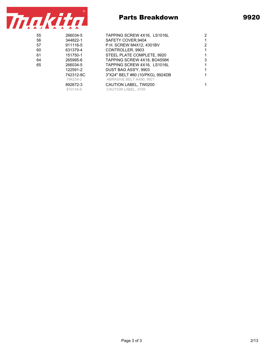 Parts breakdown 9920 | Makita 992 User Manual | Page 3 / 3