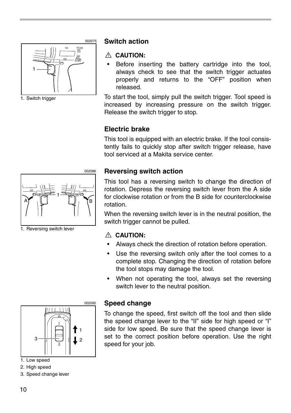 Switch action, Electric brake, Reversing switch action | Speed change | Makita 6213D User Manual | Page 10 / 20