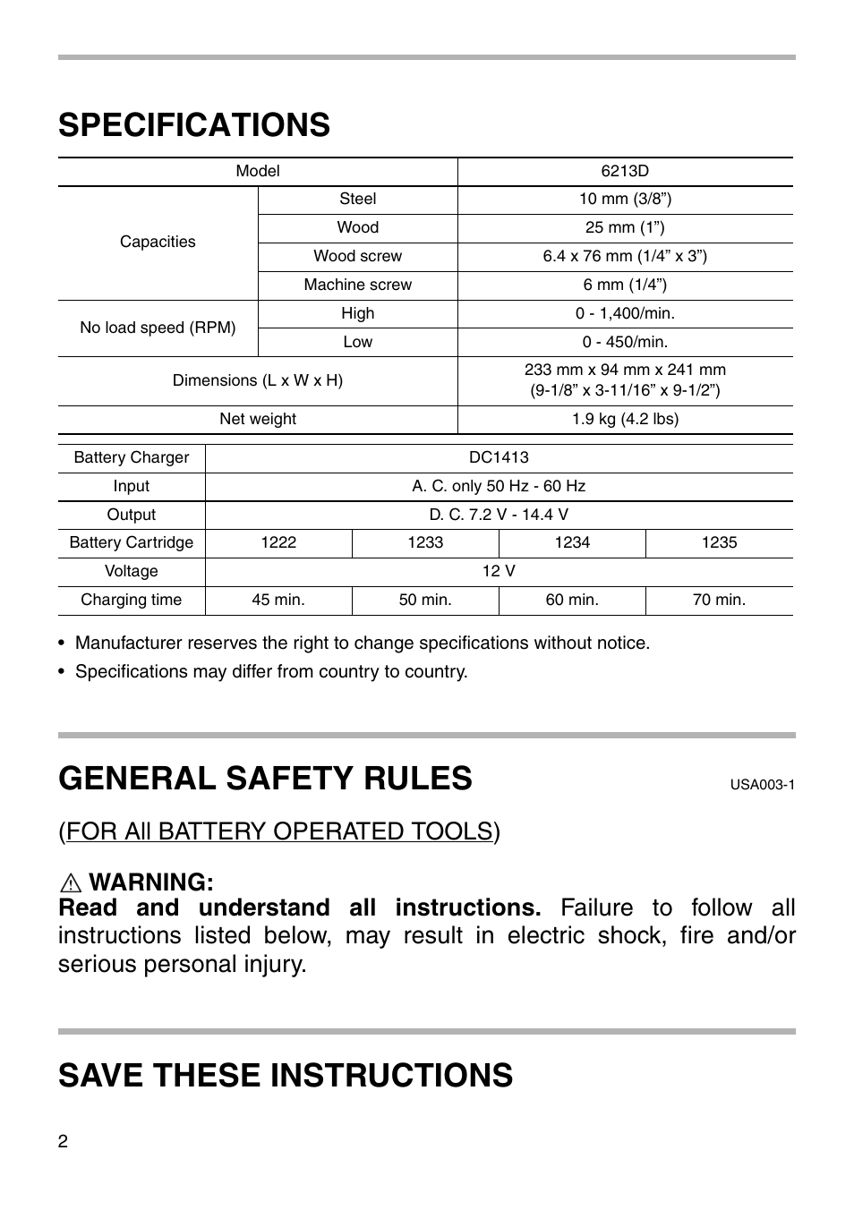 Specifications, General safety rules, Save these instructions | Makita 6213D User Manual | Page 2 / 20