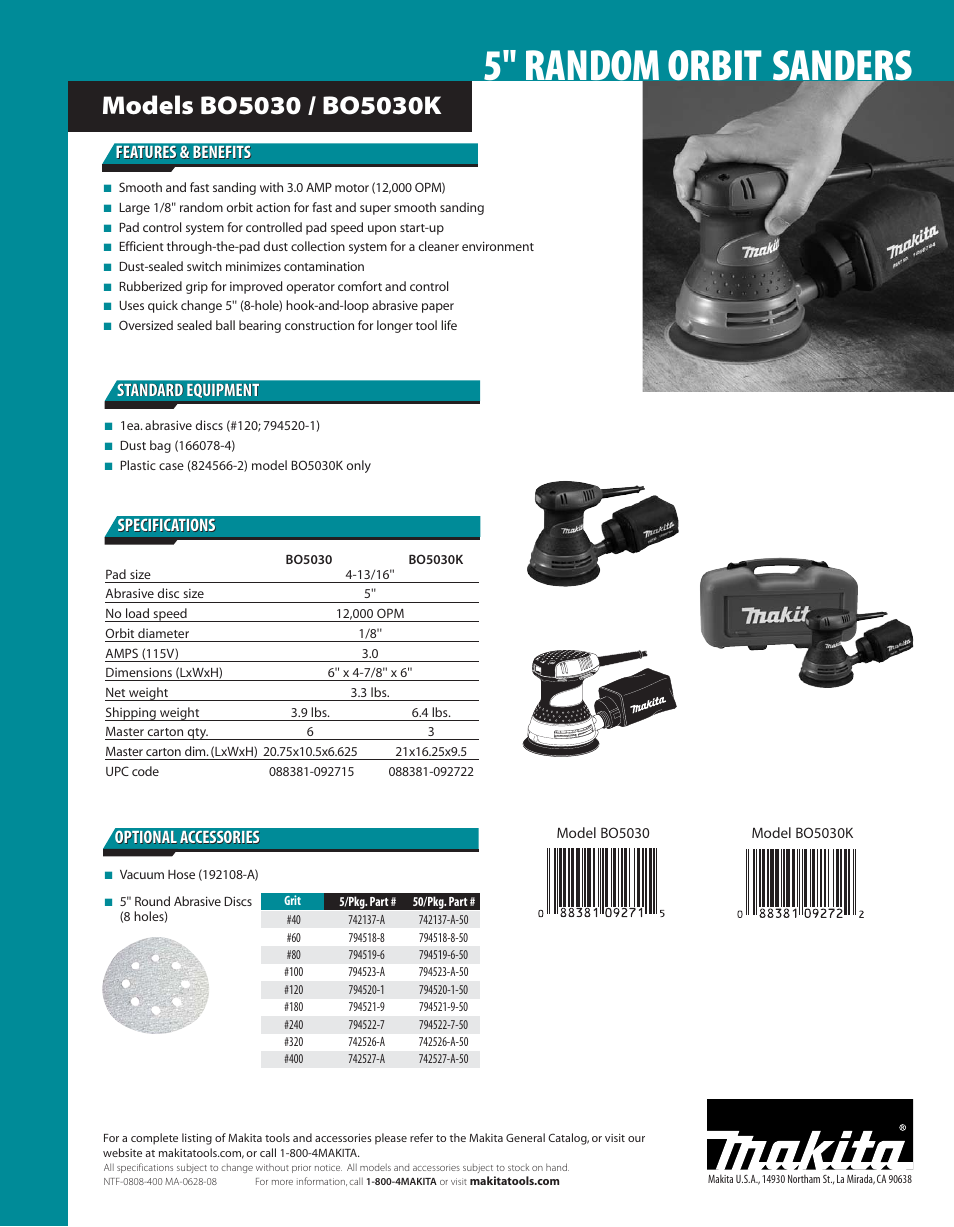 5'' random orbit sanders, Features & benefits | Makita BO5030K User Manual | Page 2 / 2