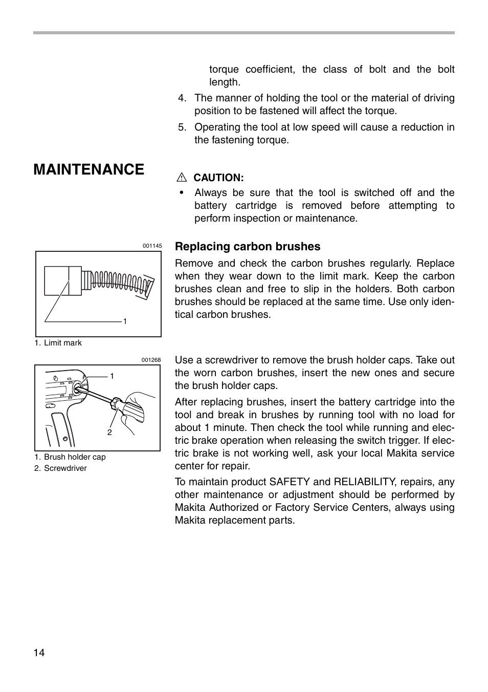 Maintenance, Replacing carbon brushes | Makita BTD120 User Manual | Page 14 / 20
